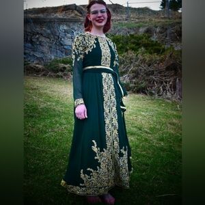 Green Gold Embroidered Dress Prom Wedding Special Occasion Kaftan Handmade